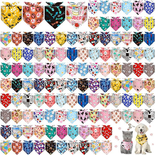 Amylove 120 Pcs Christmas Dog Bandanas Bulk Thanksgiving Day Holiday Triangle Dog Pack Puppy Kerchief Bandana Adjustable Pet Scarf for Pet Cat Costume Accessories Decor(Cartoon)