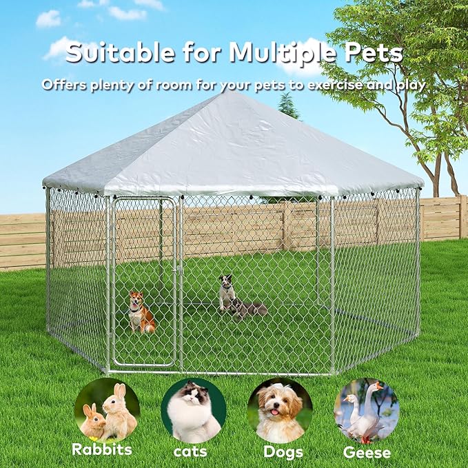 9.1x9.1 FT Outdoor Dog Kennel Outside Heavy Duty Dog Enclosure with Waterproof Cover and Security Lock, Galvanized Wire Mesh Hexagonal Large Dog Kennel(109.4x109.4x95.3IN)