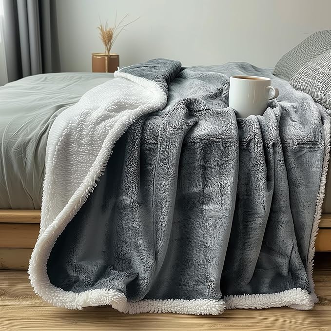 Waterproof Blanket Twin Size - Sherpa Fleece Reversible Throw, Soft Warm Leak-Proof Bed & Couch Protector for Kids, Pets & Everyday Spills (Velvet Gray/Cloud White, 65x90
