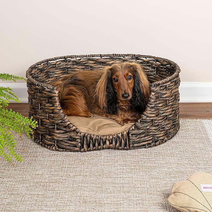 DBD4001B Perri 24" x 18" Classic Farmhouse Handwoven Hyacinth Oval Pet Bed with Machine-Washable Cushion, Brown