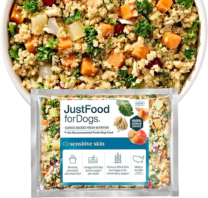 JustFoodForDogs Sensitive Skin Dog Food, Frozen Fresh Pet Meals and Toppers for Skin and Coat, Human Grade, Fortified with Omega 3, Highly Digestible, White Fish - 18-oz, 14 Pack