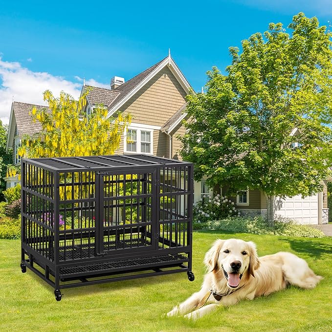 JY QAQA 38 Inch Heavy Duty Indestructible Dog Crate, Escape Proof Dog Cage Kennel with Lockable Wheels,High Anxiety Double Door Dog Crate, Xl Extra Large Crate Indoor for Large Dog with Removable Tray