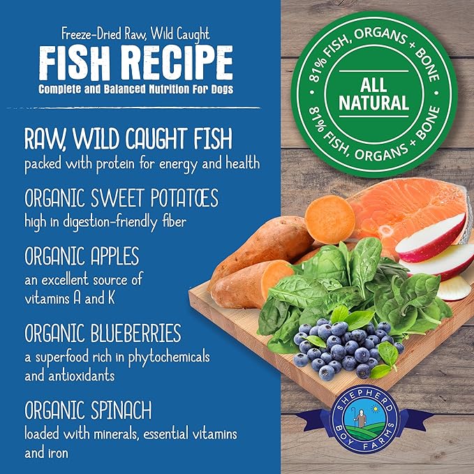 Shepherd Boy Farms Freeze Dried Raw Dog Food, Fish Medley Recipe, All Natural, No Synthetics, Made in USA with Goat's Milk & Organic Produce, High Protein, Complete Meal (48oz)