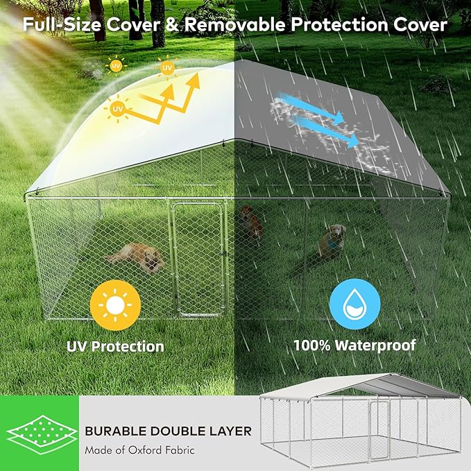15.3x15.3FT Outdoor Dog Kennel Outside Heavy Duty Dog Enclosure with Waterproof Cover and Security Lock(183.1x183.1x83.1IN)