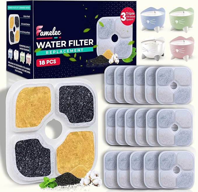 18 Pcs Cat Fountain Filter Replacement for 2.5L Catit Pixi Water Fountain Filters, Replacement Triple Action Water Filter with Ion-exchange Resin & Activated Carbon for Cat Drinking Fountain