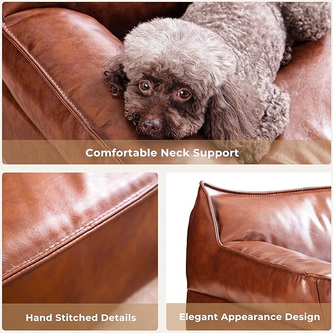 Brown Leather Dog Couch Bed for Medium Small Dogs Under 50 lbs, 31.5 Inch Mid-Century Modern Luxury Elevated Dog Sofa Indoor, Furniture Style Vintage Raised Pet Sofa Bed (Medium)
