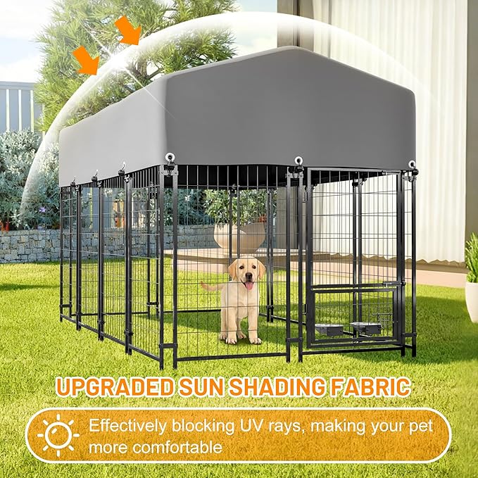 Dog Crate Dog Kennel Outdoor W/Roof,Dog Cage W/ 360°Rotating Feeder & Secure Lock,Weatherproof Dog Pens Outside W/Flexible Clamps,for Medium/Large,Grey(4.23x7.81x4.83 FT)