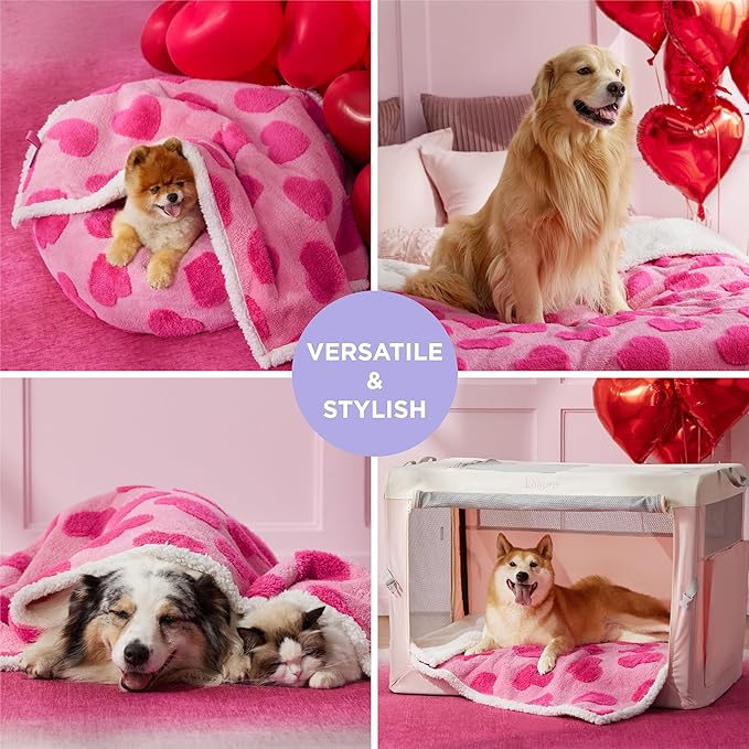 LE SURE Waterproof Puppy Blanket for Medium Dogs - Washable Double Sided Dog Blankets with Warm Jacquard Shag and Soft Sherpa Fleece, Pet Cat Blanket for Couch Protection, Love Pattern Design，Pink
