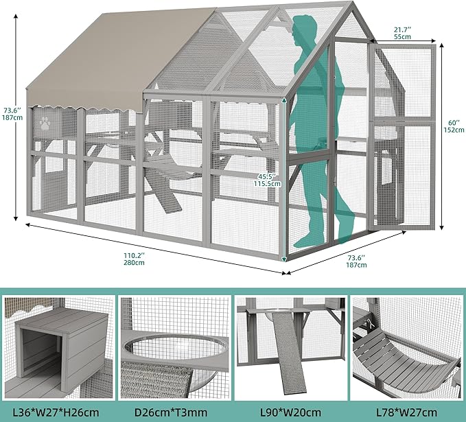 YITAHOME Extra Large Catio Outdoor Cat Enclosure, 110 Inch Outside Cattery with Weatherproof Roof, Scratcher Ramp, Cat Space Capsule Bed, 2 Bridges, 2 Resting Houses, 7 Solutions