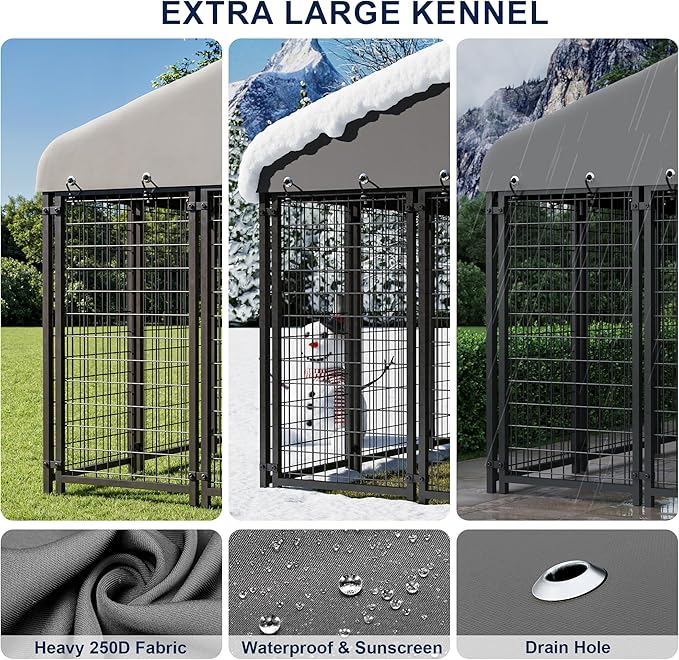 Large Dog Kennel Outside Heavy-Duty Outdoor Dog Cage with Roof and Double Lock - Spacious, Dog Crate for Pets with Feeding, 120"X117"