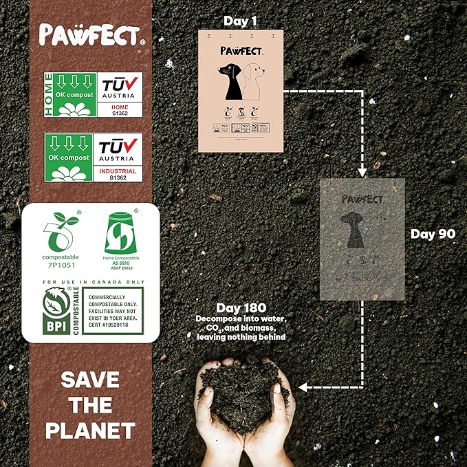 Pawfect Dog Poop Bags Rolls – Biodegradable Poop Bags, Compostable Dog Waste Bags, BPI Certified Pet Waste Bags, Unscented, Large, Puppy Poo, Earth Friendly, Bolsas Para Perros Popo (480 Counts)
