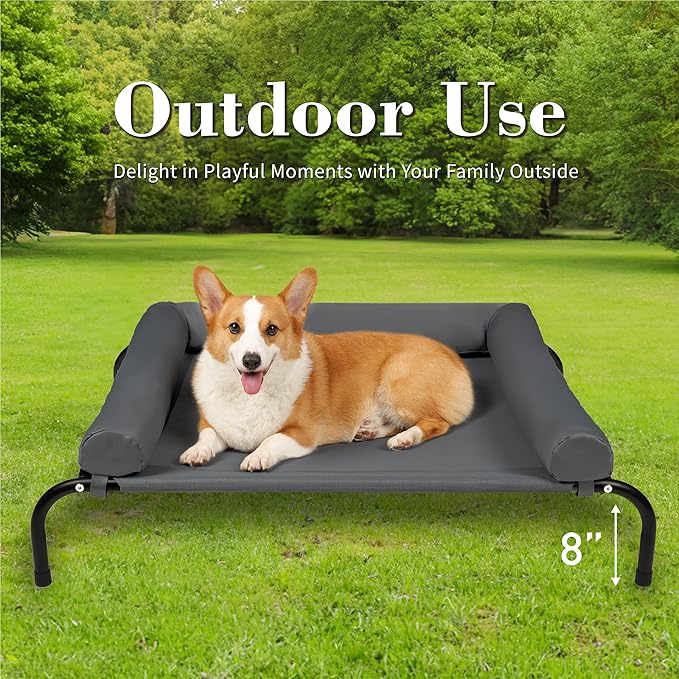 Cooling Elevated Dog Bed with Pillows,Portable Washable Raised Dog Cot Bed with Chew Proof Mesh and Metal Frame,No-Slip Rubber Feet for Indoor & Outdoor Use,Medium,Deep Grey