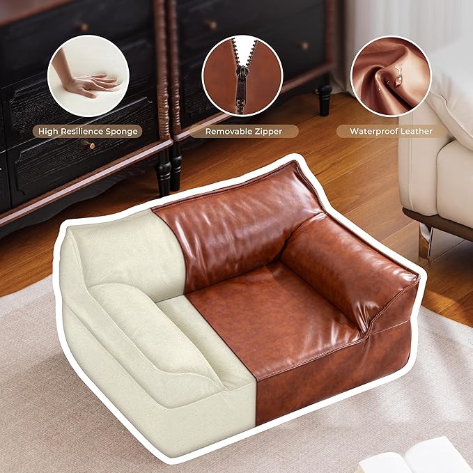 Brown Leather Dog Couch Bed for Medium Small Dogs Under 50 lbs, 31.5 Inch Mid-Century Modern Luxury Elevated Dog Sofa Indoor, Furniture Style Vintage Raised Pet Sofa Bed (Medium)