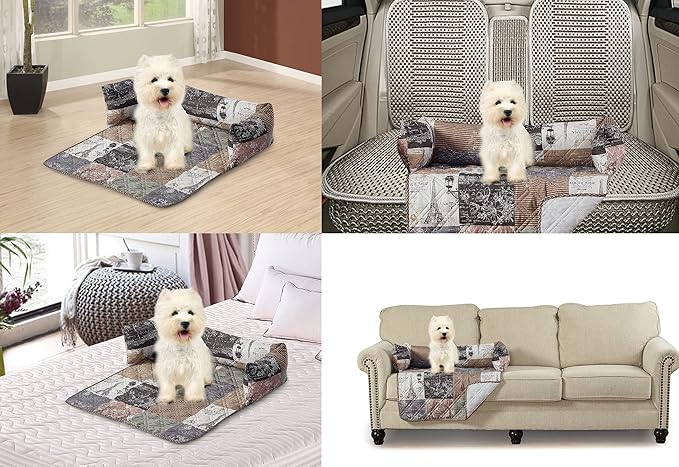 Brilliant Sunshine Quilted Calming Dog Bed Mat, Removable Washable Cover, Cushion Protector and Couch Covers for Dogs, Pets, Cats, Medium, Latte Grey Paris and Toile Floral Patchwork