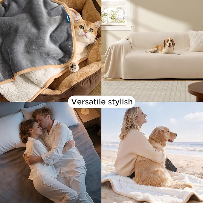 Bedsure Waterproof Blanket for Bed - Sherpa Fleece Waterproof Dog Blankets for Large Dogs, Pet Blankets for Bed/Couch, Soft Plush Reversible Furniture Protector, King Size, 108"x86", Grey