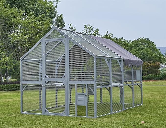 110" Outdoor Cat Catio Enclosure,Cats House Big Wooden Cat Shelter with Platforms,Upgrade Waterproof Cover,Large Spacious Interior,Two Small Sliding Doors,Grey