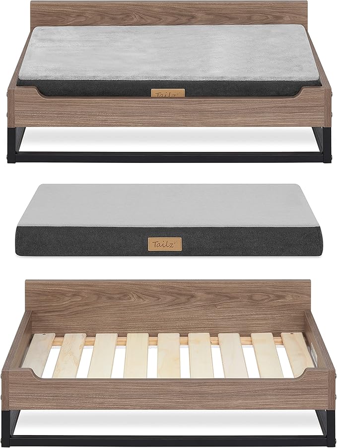 Milo Wooden Dog Bed, Plush Mattress Comforts The Pets with Bone Diseases, Water Resistant, Greenguard Gold Certified, Mattress, Non - Toxic Pet Proof Paint, Walnut