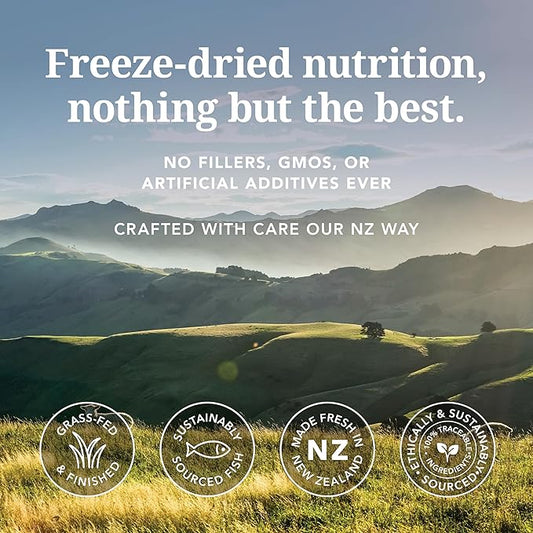 Feline Natural High Protein Dry Cat Food, Freeze-Dried Diet with 98% Meat, Organs & Seafood, No Peas, Grains, or Artificial Additives, Made in New Zealand, Lamb & King Salmon, 3.5oz