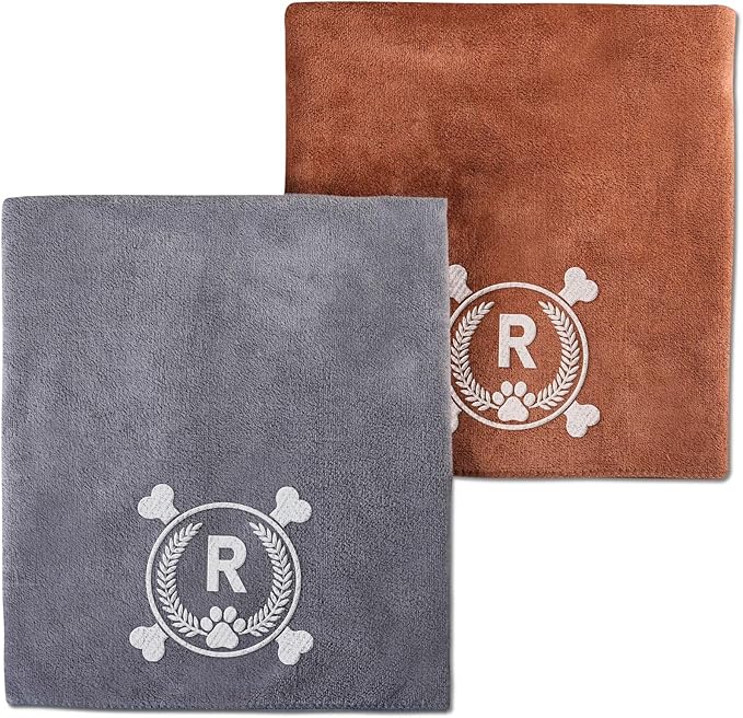 InnoBeta Personalized Dog Towels for Drying Dogs - Pack of 2 - Super Absorbent Soft Microfiber Pet Bath Grooming Towel for Dogs, Monogrammed Initial for Dogs (40 X 23.6 Inches, Grey and Brown) - R