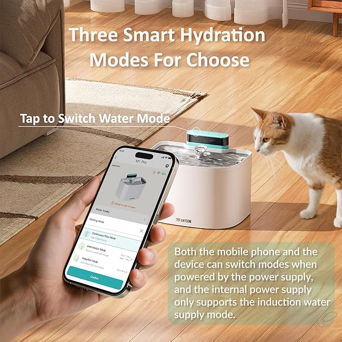 PET LAYSON Pumpless Cat Water Fountain,App Remote Control Smart Cordless Battery Operated 3.6L/122oz Wireless 2.4GHz Wi-Fi Networks Rechargeable Water Dispenser (Pink, M1Pro-2 Filter)