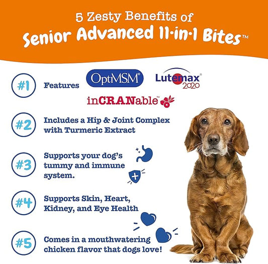 Zesty Paws Senior Dog Multivitamin Treats - Glucosamine for Dogs + Digestive Enzymes & Probiotics - Grain Free Dog Vitamins and Supplements for Skin & Coat + Immune Health Chicken - Advanced - 90ct