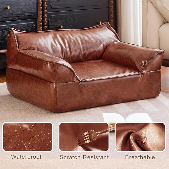 Brown Leather Dog Couch Bed for Medium Small Dogs Under 50 lbs, 31.5 Inch Mid-Century Modern Luxury Elevated Dog Sofa Indoor, Furniture Style Vintage Raised Pet Sofa Bed (Medium)