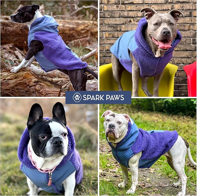 Spark Paws Reversible Fleece Dog Jacket, Hooded Sweater Vest, Warm Coat for Winter - Suitable for Small Medium Large XL XXL Dogs - Purple and Navy Blue - L