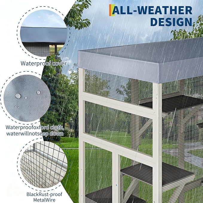 70" Large Outdoor Catio Cat Enclosure, Wood Cat Patio with Waterproof UV-Resistant Roof, Cats Shelter with 5 Platforms and 2 Resting Box, and Secure Rust-Proof Wire for Backyard or Patio