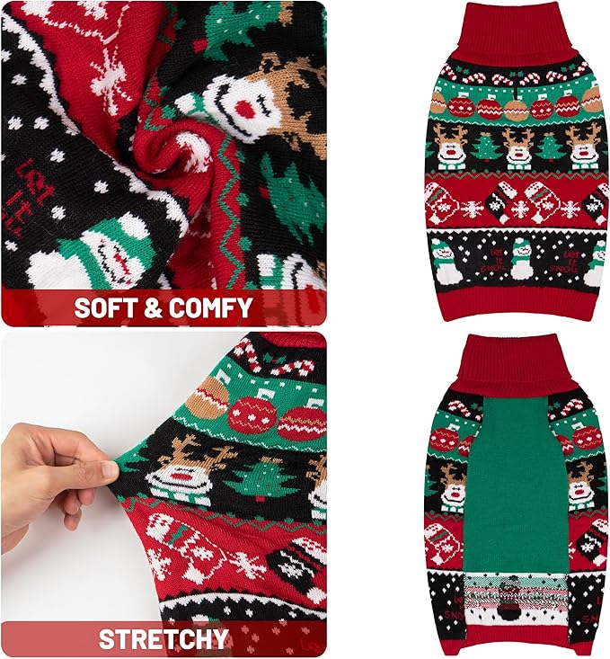 cyeollo Dog Christmas Sweater, Turtleneck Warm Sweater for Small Dogs Soft Xmas Clothes with Leash Hole Holiday Clothes for Pet Female & Male, L