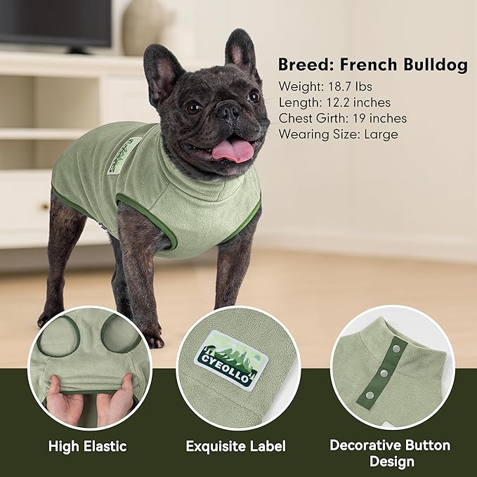 cyeollo Fleece Dog Sweater, Turtleneck Dog Sweatshirt Stretchy Pullover Fleece Vest Warm Winter Fall Clothes for Small Dogs Boy Pet Apparel, Green L
