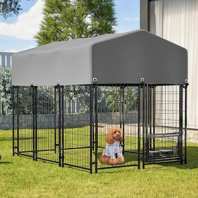 Dog Crate Dog Kennel Outdoor W/Roof,Dog Cage W/ 360°Rotating Feeder & Secure Lock,Weatherproof Dog Pens Outside W/Flexible Clamps,for Garden Yard,Grey(4.23x5.82x4.83 FT)
