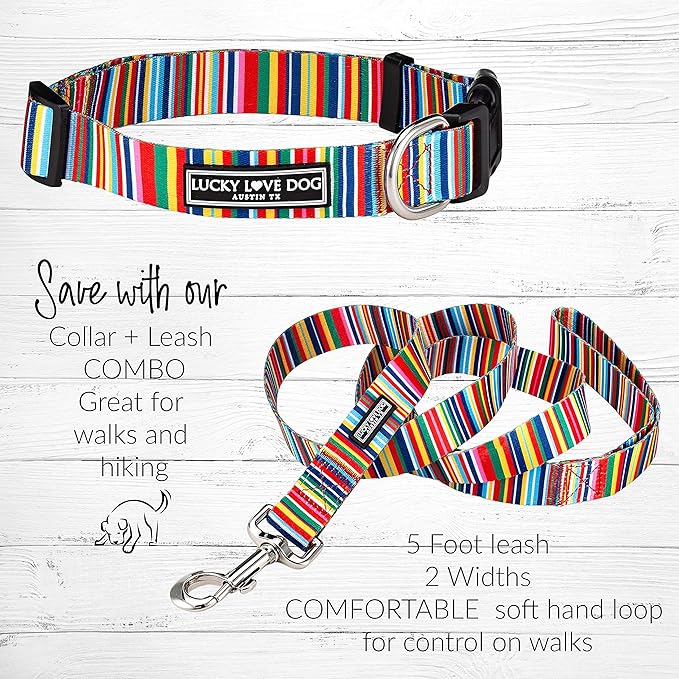Lucky Love Dog - Easy Click Buckle Dog Collar with Leash Set Combo, Durable & Comfortable for Male & Female Dogs, Pet Collar for Small to Large Dogs, Secure Fit - Hippie Combo, Large