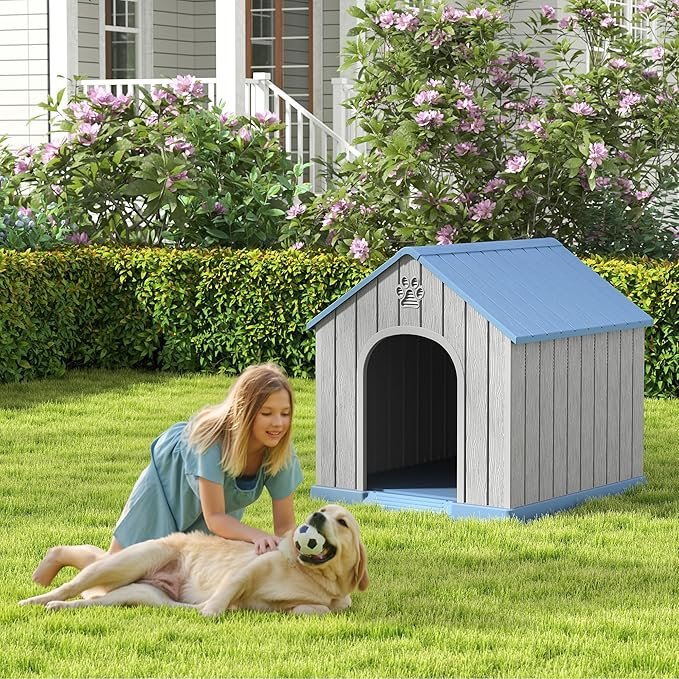 Fancyango Large Dog House Outdoor Indoor for Medium Large Dogs, Sturdy Plastic Waterproof Doghouse with Air Vents and Elevated Floor, Easy Clean and Assemble (Blue, 36.2''L×38''W×38''H)