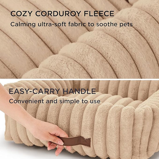 Bedsure Cute Dog Beds Large Sized Dog - Washable Furry Pet Beds, Rectangle Orthopedic Corduroy Fleece Puppy Beds with Removable Zipper Cover, 36x27x8inches,Sandy Beige
