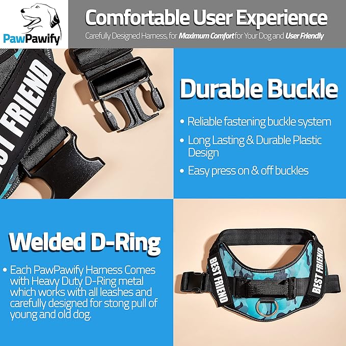 PawPawify Custom No Pull Dog Harness with Name and Phone Number, Heavy Duty Personalized Pet Vest to Prevent Tugging, Pulling, or Choking, Training and Walking (Camouflage Blue, S (Chest 16-21in))