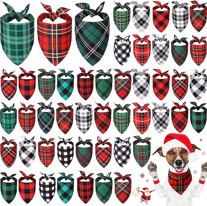 Sanwuta 50 Pieces Christmas Dog Bandanas Bulk, Classic Plaid Dog Bandanas, Triangle Scarf Plaid Kerchief for Small to Large Puppy Pet Cats(XL)