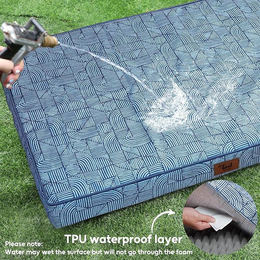 Outdoor Dog Bed for Small Dogs & Cats, Waterproof Dog Crate Mat Orthopedic Egg Crate Foam with Washable Removable Oxford Cover, White Blue