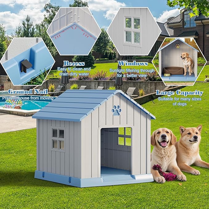 Fancyango Dog House Outdoor Indoor - Waterproof, Ventilated, Easy to Clean, Elevated Floor for Small-Large Dogs, Easy to Assemble (Blue, 31" L x 33.3" W x 33.5" H)