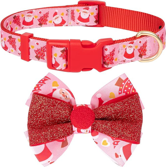 azuza Christmas Dog Collar Santa Print Xmas Dog Collars with Removable Red and Pink Bowtie, Adjustable Dog Collar Accessories for Puppy and Small Dogs