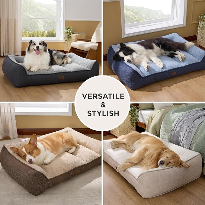 Bedsure Orthopedic Dog Beds Large Sized Dog - Extra Thick Supportive Large Dogs Bed with Waterproof Washable Cover, L Plus Comfort Pet Bed Sofa with Soft Plush Sherpa and Nonskid Bottom, Beige, 38"