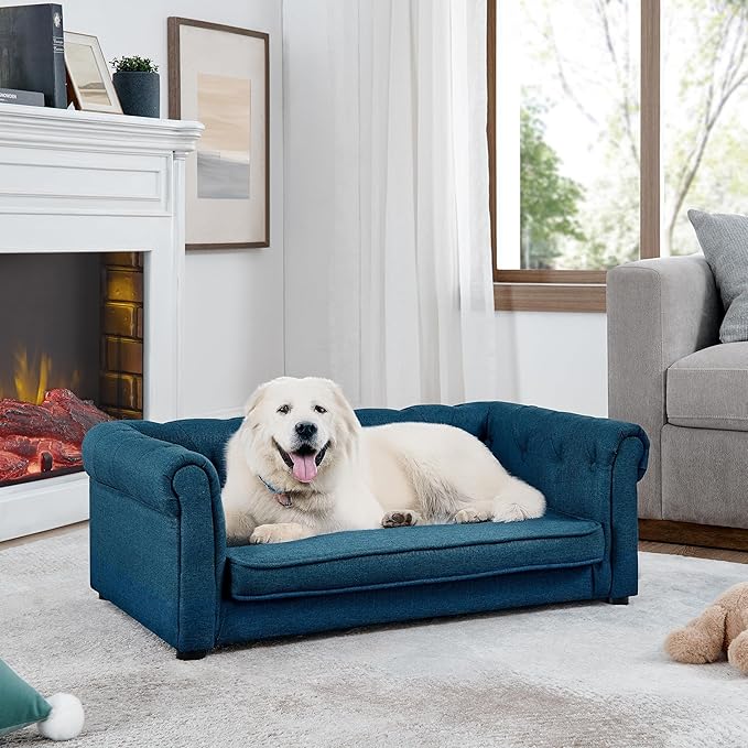 GDFStudio Modern Linen Dog Sofa for Small and Medium Dogs Elevated Pet Bed with Armrests and Backrest Durable and Comfortable Upholstered Pet Furniture, Blue