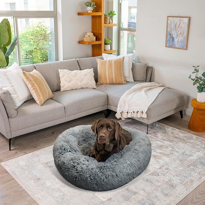 Best Friends by Sheri Original Calming Donut Dog and Cat Bed, Shag Faux Fur, Gray, (36in x 36in) - Anxiety Relief for Pets Up to 100 lbs