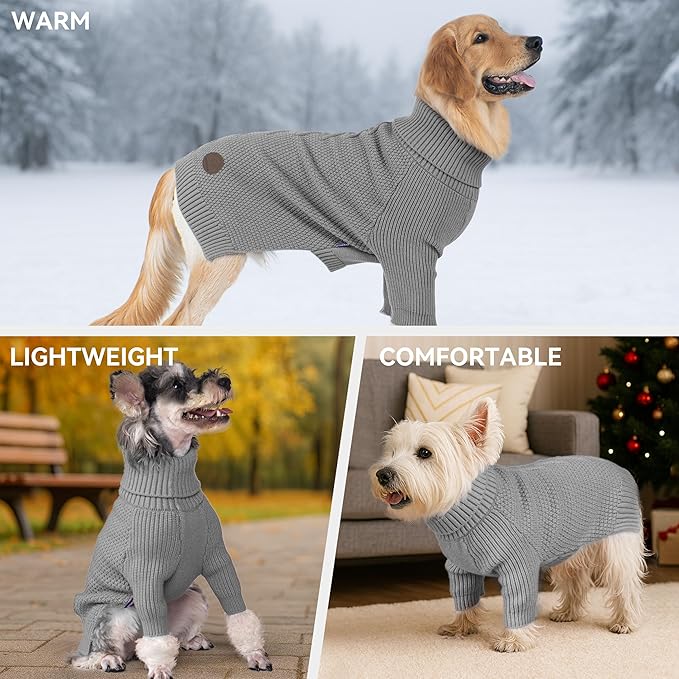 cyeollo Turtleneck Dog Sweater Knitted Cable Sweaters with Long Sleeves Winter Pet Clothes Pet Small Dog Sweaters, Grey XL