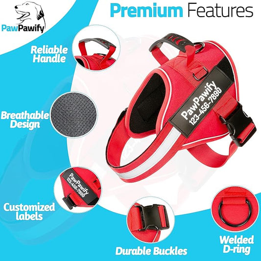 PawPawify Custom No Pull Dog Harness with Name and Phone Number, Heavy Duty Personalized Pet Vest to Prevent Tugging, Pulling, or Choking, Training and Walking (New Red, L (40-60 LBS))