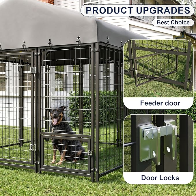 6X6FT Dog Kennel Outside Double Door Dog Kennel Outdoor with Feeding, Heavy Duty Outdoor Dog Crate Durable Dog Cage with Roof & Double Lock