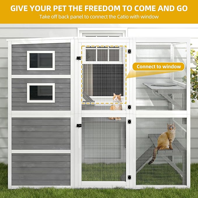 DWVO Large Cat Catio Outdoor Cat Enclosures Walk in Playpen Patio with 4-Tier Houses for Indoor Cats, Cats Scratcher Ramp, Space Capsule Bed, 5 Windows, Outside Catio with Weatherproof Roof