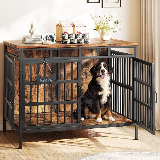 47 Inch Dog Crate Furniture, Heavy Duty Dog Kennel for Small Medium Large Dogs, Double Doors Indoor Decor Pet House Cage, Anti Escape Wooden Dog Cage with Name Tag End Table, TV Stand, Brown