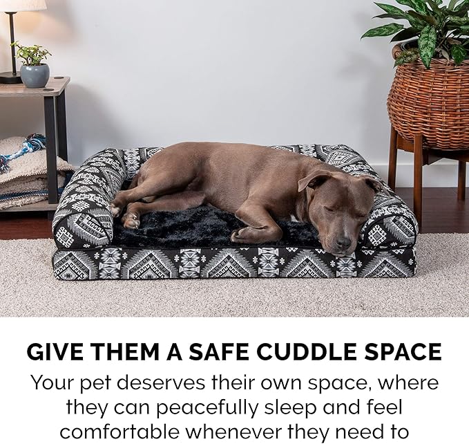 Furhaven Memory Foam Dog Bed for Large/Medium Dogs w/ Removable Bolsters & Washable Cover, For Dogs Up to 55 lbs - Plush & Southwest Kilim Woven Decor Sofa - Black Medallion, Large