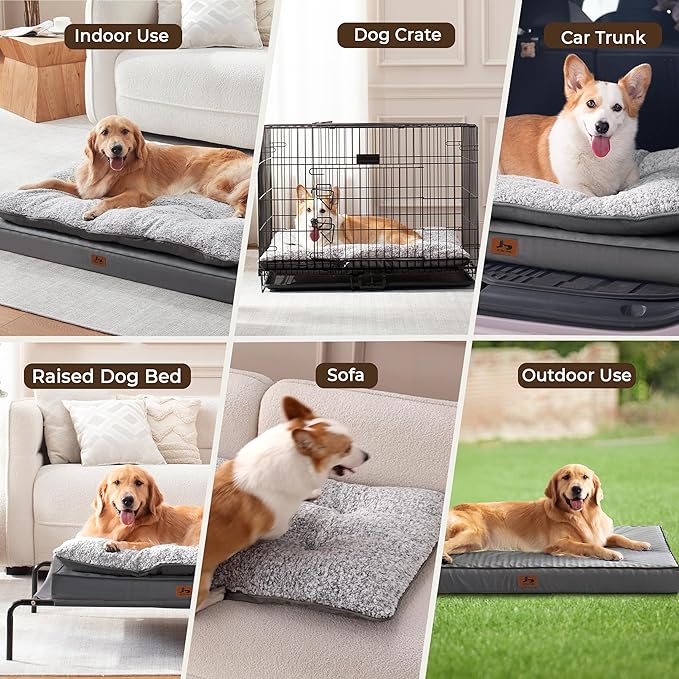Washable Dog Bed for Medium Large Size Dog, Plush Pillow Pet Bed with Cooling Leather Egg-Crate Foam Base, Waterproof Kennel Bed with Removable Cover, 47" x 39" Comfort Cushion Bed, Dark Grey