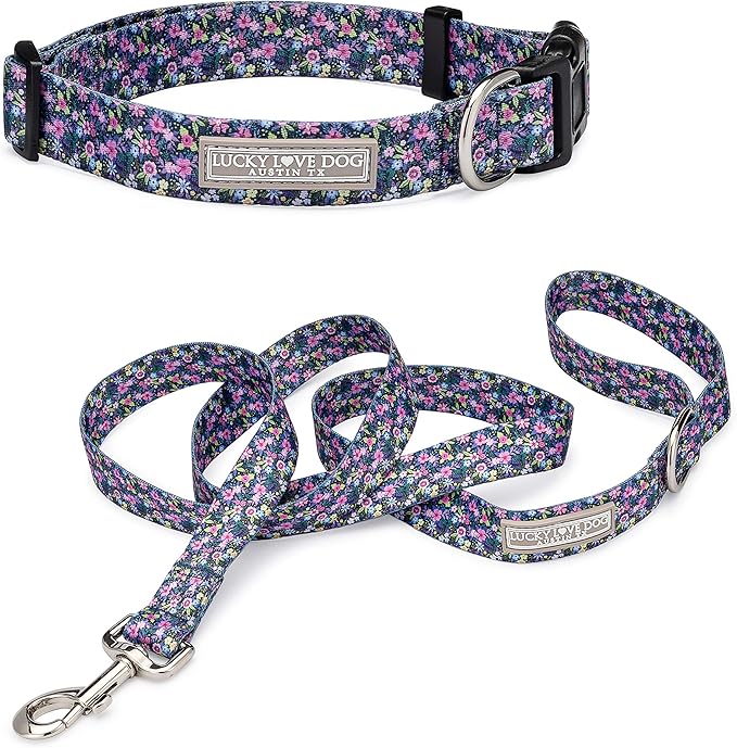 Lucky Love Dog, Matching Dog Collar & Leash Set for Female Dogs, Soft, Adjustable, Safe for Training and Walking, Black & Purple Floral Print, Primrose Combo, XS